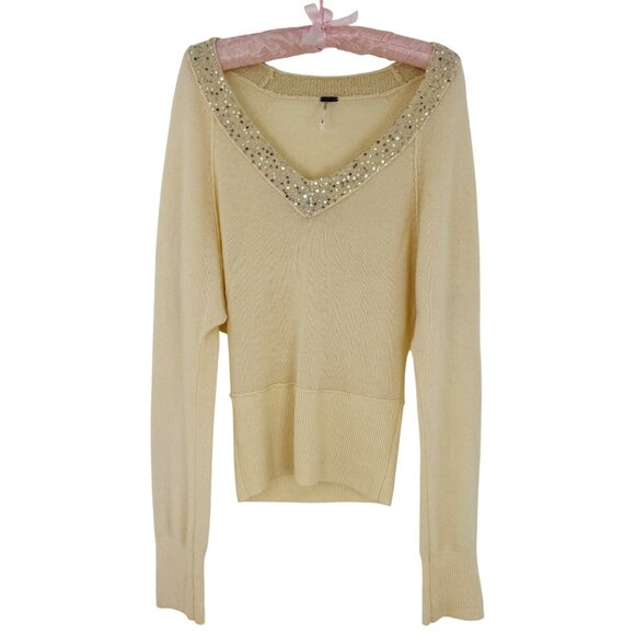 Vintage Free People Sequin V-Neck Cream Knit Sweater | Luxe Boho Soft Girl Y2K S - Picture 10 of 15